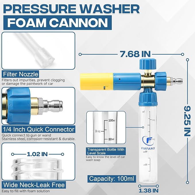 FIXFANS Pressure Washer Gun with Mini Foam Cannon, Dual Connector Accessory | Car Wash Foam Gun Kit - No-Dilution Foam Cannon Pro, 5 Power Washer Nozzle Tips & M22 Adapter, 1/4" Quick Connect