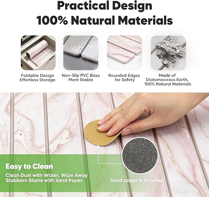 Stone Drying Mat for Kitchen Counter, Quick Diatomaceous Earth Mats for Dishes, 24"L x 16" W Super Absorbent Fast-Drying Collapsible Countertop Stone Mat (Marble White-07, 24" x 16")
