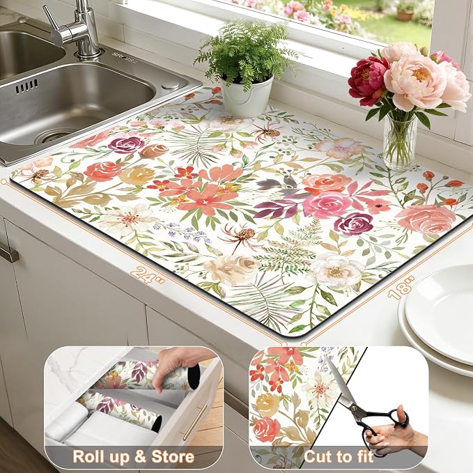 LOKHOM Dish Drying Mat for Kitchen Counter, 18"x24" Absorbent Coffee Bar Mat with Pink Roses Petals, Dish Drainer Rack Mat for Kitchen Counter and Dining Room Decoration