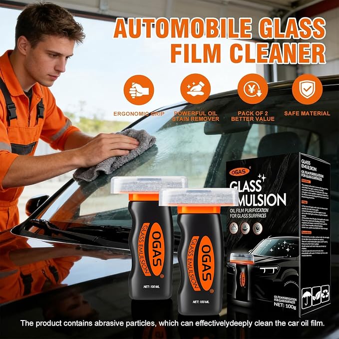 Car Windshield Cleaner & Glass Oil Film Remover, 100ml x 2PCS Car Glass Cleaner with Brush, Removes Oil, Grease & Fog, wiper residue, Anti-Fog Glass Emulsion Cleaner for Clear Driving Visibility
