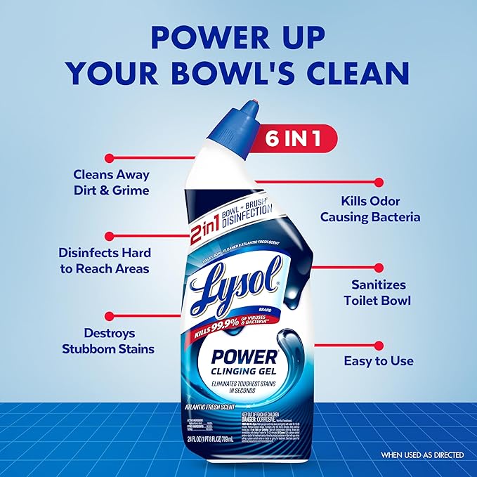Lysol Toilet Bowl Cleaner, Max Strength Bathroom Cleaning Supplies, Toilet Bowl Cleaner Clinging Gel, Home Essential, Instant Stain Removal, Disinfecting and Deodorizing, Bleach Free, 24 oz (4ct)