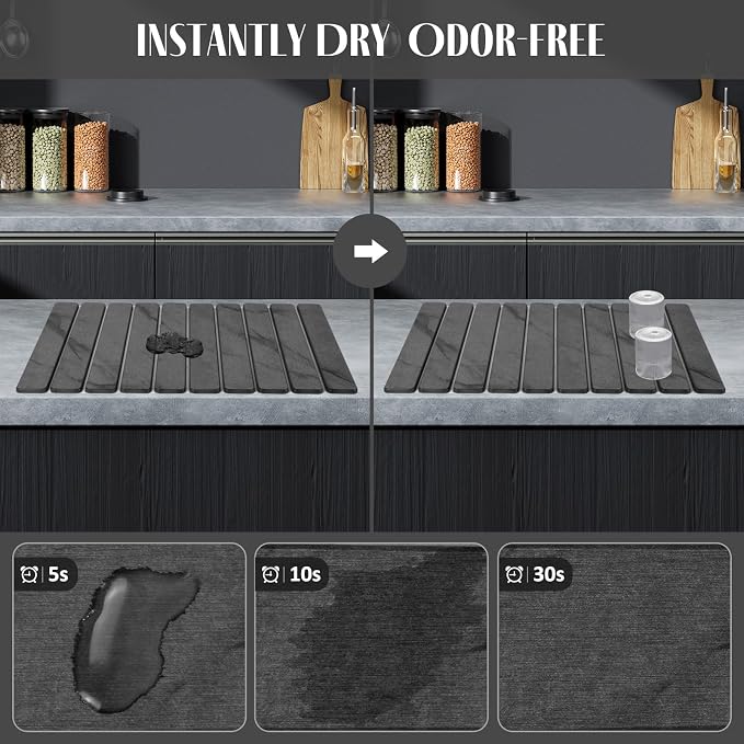 2 PCS Large Stone Dish Drying Mat for Kitchen Counter, 24"×16" Marble-Pattern Dish Drying Mat with 8"x 4" Coasters, Non - Slip Collapsible Absorbent Mat for Multi - Purpose, Match Any Countertop【Gray】