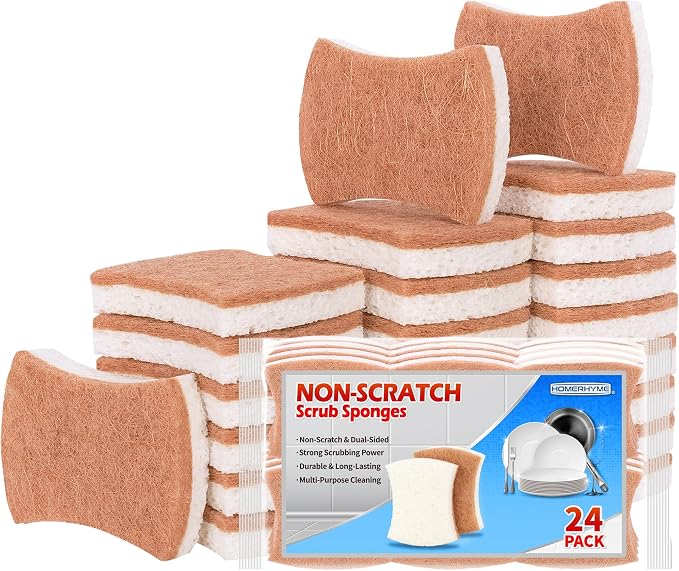 Natural Dish Sponge 24 Pack, Non-Scratch Scrub Sponge, Eco Multipurpose Kitchen Sisal Fiber Cellulose Sponge, Odor-Less Dual-Sided for Dish Washing & Household Cleaning
