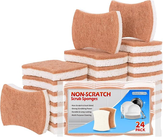 Natural Dish Sponge 24 Pack, Non-Scratch Scrub Sponge, Eco Multipurpose Kitchen Sisal Fiber Cellulose Sponge, Odor-Less Dual-Sided for Dish Washing & Household Cleaning