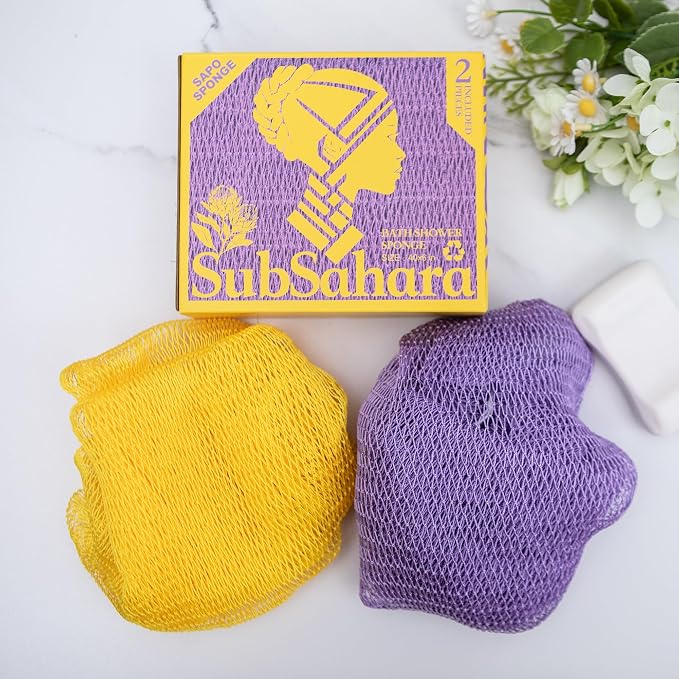 SubSahara Authentic African Net Sponge - 2 Pack Exfoliating Bath & Shower Loofah Sponge for Body & Face, Gentle Scrubber for All Skin Types, Travel, Durable (Lavender Purple & Bright Yellow)