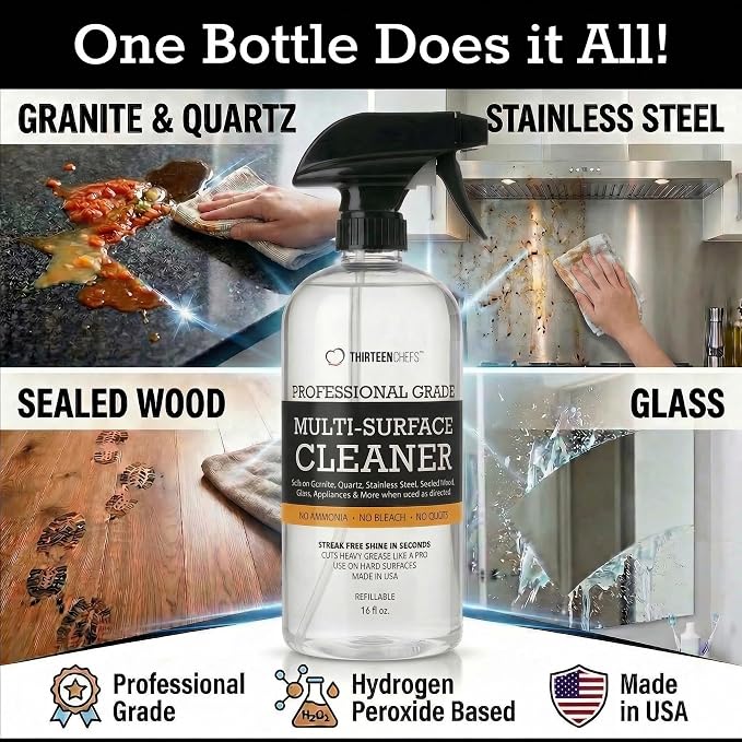 Thirteen Chefs Multi-Surface Cleaner for Kitchen, Home and Bath - Cleans All Countertops, Stainless Steel, Glass, Floor and Tile - 16oz Spray Bottle
