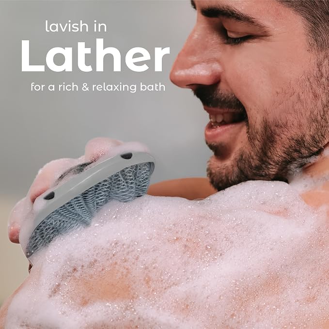 MainBasics Shower Tool Duo 2-1 Shower Loofah Sponge and Exfoliating Body Scrubber (2 Pack, Skyway)
