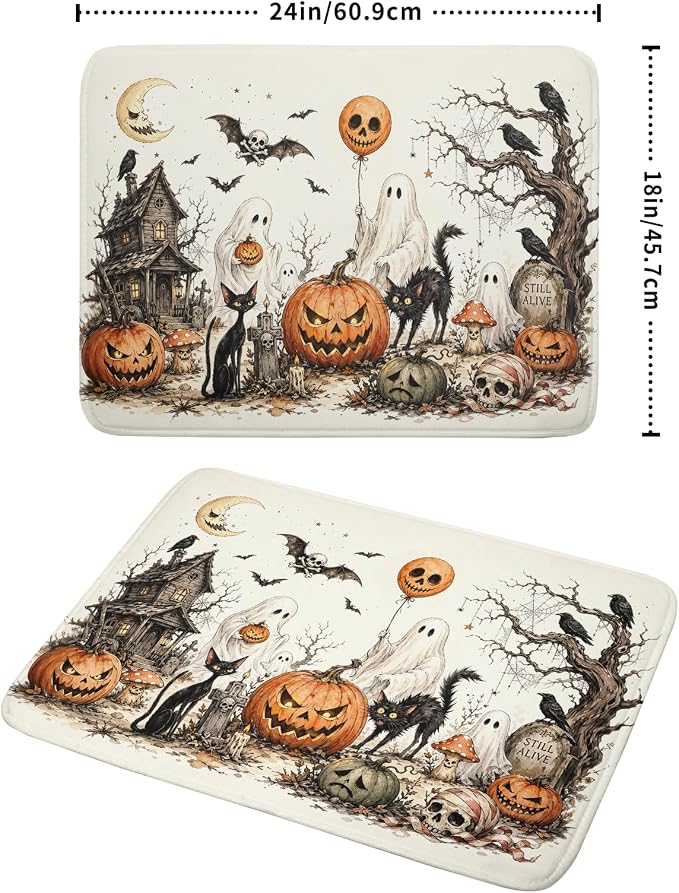 Giwawa Halloween Pumpkin Ghost Dish Drying Mat Black Cat Microfiber Dishes Pad 18x24 Inch Holiday Dish Drainer Rack Mats for Kitchen Counter Sink