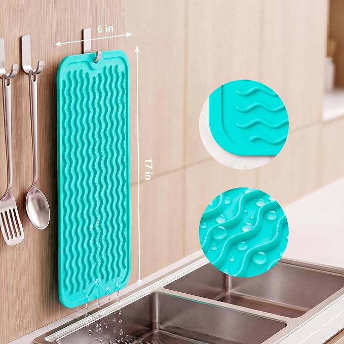 MicoYang Silicone Dish Drying Mat for Multiple Usage,Easy clean,Eco-friendly,Heat-resistant Silicone Mat for Kitchen Counter,Sink,Bar,Bottle,or Cup Mint M 17 inches x 6 inches