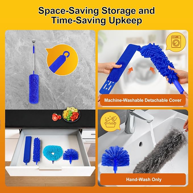 Tiumso Ceiling Fan Cleaner Dusters for Cleaning 6-in-1 Kit, Cobweb Duster with Extension Pole, 100 Inches High Ceiling Fan Blade Cleaners with 5 Reuseable Dusting Heads for Windows and Blinds- Blue