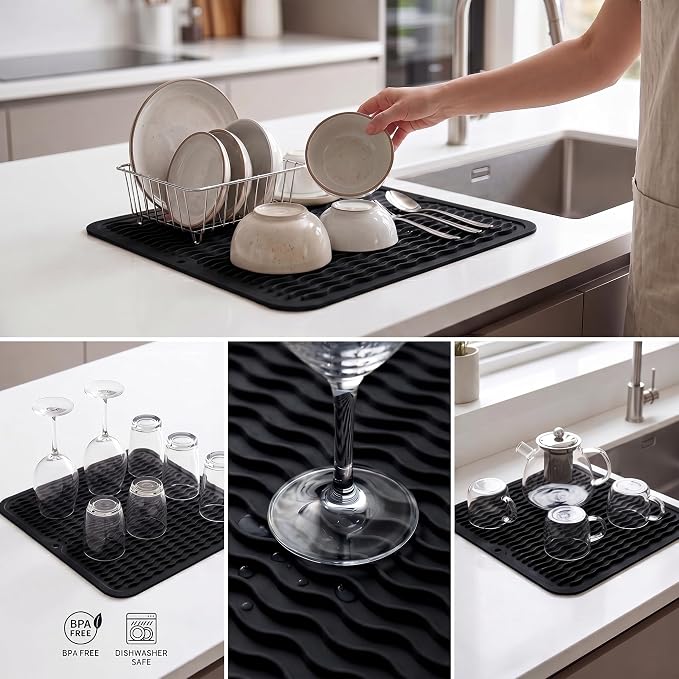 MicoYang Silicone Dish Drying Mat for Multiple Usage,Easy clean,Eco-friendly,Heat-resistant Silicone Mat for Kitchen Counter or Sink,Refrigerator or Drawer liner Black M 12 inches x 12 inches