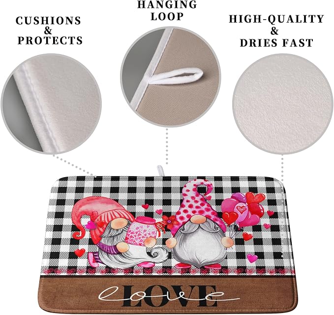 Valentine's Day Dish Drying Mats for Kitchen Counter, Gnome Love Kitchen Drying Mat, Buffalo Plaid Dish Drainer Mat Absorbent Quick Dry Dishes Pad 16 x 18 In - Farmhouse Decor Valentines Gift