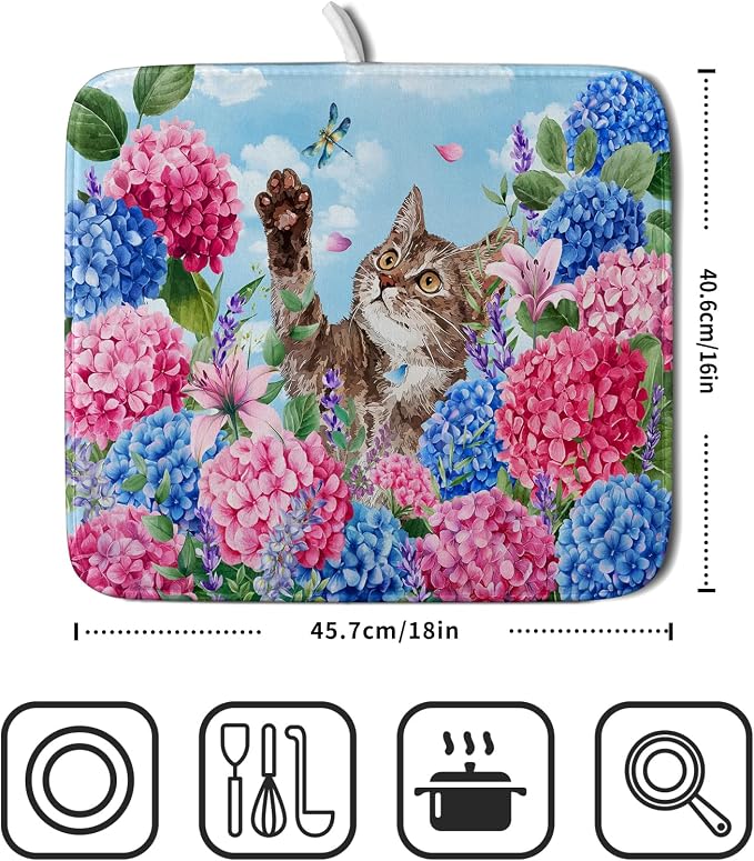 Hydrangea Floral Dish Drying Mat Cute Cat Microfiber Absorbent Dish Drying Pad for Kitchen Counter 16 X 18