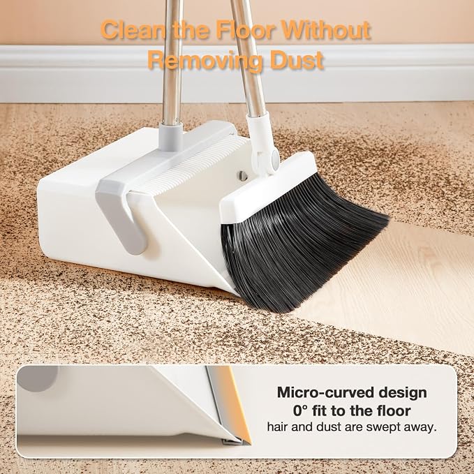Broom with Dustpan Combo Set,UOEOS One-Sweep Clean,Pet Hair Removal Broom with Self-Cleaning Double-Layer Teeth,High Density Broom and Windproof Dustpan for Indoor&Outdoor