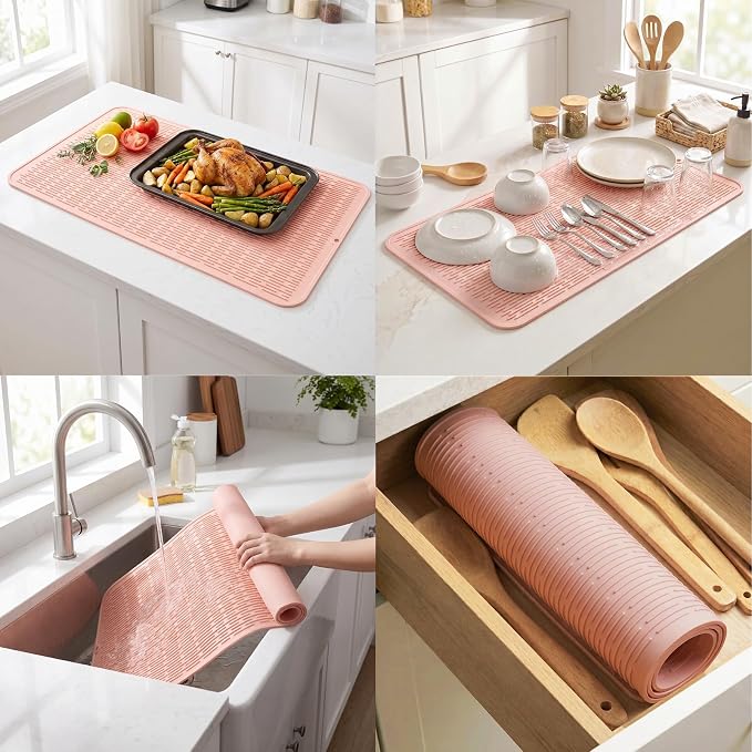 MicoYang Silicone Dish Drying Mat for Multiple Usage,Easy clean,Eco-friendly,Heat-resistant Silicone Mat for Kitchen Counter or Sink,Refrigerator or Drawer Liner Pink 5XL 36inches x 18inches