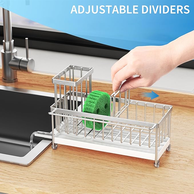 Cisily Sponge Holder for Kitchen Sink, Sink Caddy Organizer with High Brush Holder, Kitchen Countertop Organizers and Storage Essentials, Rustproof 304 Stainless Steel (Silver with Towel Rack, 9.25″)