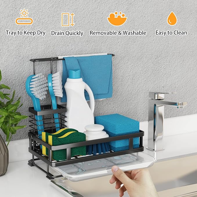Godboat Kitchen Sink Organizer with Brush Rack - Sink Caddy with Drain-Pan | Stainless Steel Sponge Holder for Kitchen Sink with Towel Rack, Organizer for Dish Soap Dispenser, 10.5"L × 5.9"W × 10.5"H