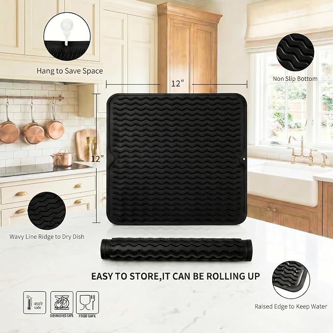 MicoYang Silicone Dish Drying Mat for Multiple Usage,Easy clean,Eco-friendly,Heat-resistant Silicone Mat for Kitchen Counter or Sink,Refrigerator or Drawer liner Black M 12 inches x 12 inches