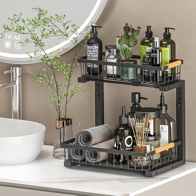 Liuoud Under Sink Organizer 2 Pack, 2 Tier Slide Out Large Capacity Height Adjustable Under Sink Organizers and Storage for Kitchen Bathroom Cabinet, Black