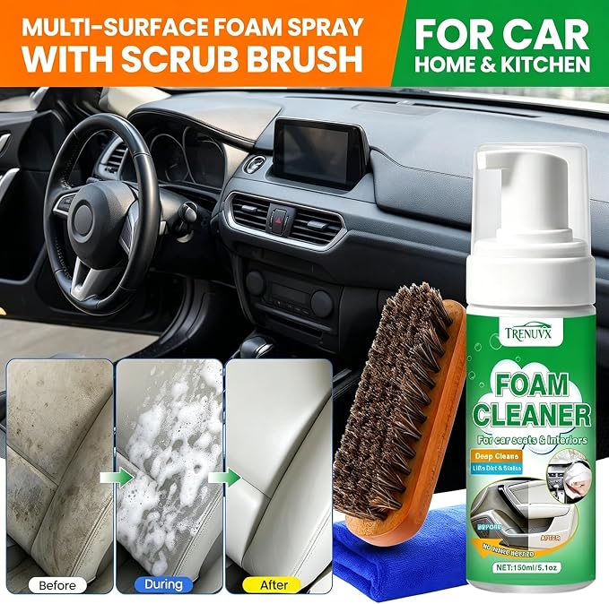 Multifunctional Car Foam Cleaner, No-Rinse Stain Remover, Powerful Auto Interior Detailing Spray for Carpet, Seats, Leather, Fabric & Vinyl, Safe for All Surfaces - 5oz / 150ml