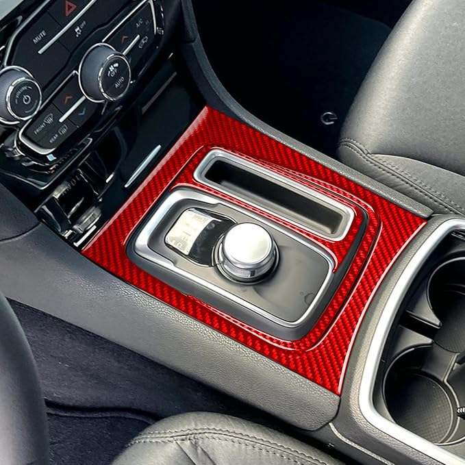 Gear Shift Surround Interior Decals Fit for Dodge Charger 2011-2023 | Red Real Carbon Fiber|Accessories|for Dodge Charger/Chrysler 300 2011-2023|Thick Overlay|Anti-scratch