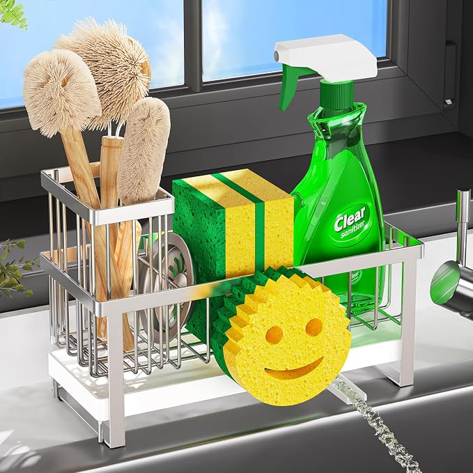 Sponge Holder for Kitchen Sink,Sink Caddy with Removable Dish Brush Holder,Self-Draining Kitchen Countertop Organizers and Storage Essentials,Soap Dispenser Organize and Home Decor-Silver