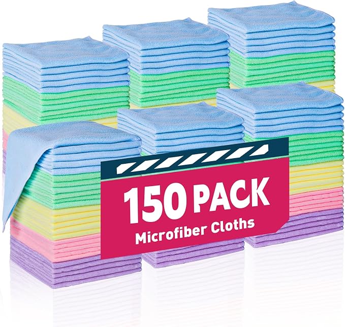 TEAWOO Microfiber Towels Bulk-150 Pack, Cleaning Cloths, Microfiber Towels for Cars, Cleaning Rags 5 Colors Assorted (12x12 inches)