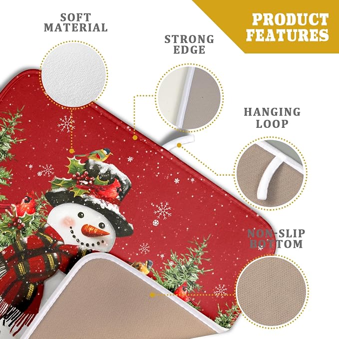 Christmas Dish Drying Mat for Kitchen Counter Snowman Green Christmas Tree Microfiber Absorbent Dish Draining Reusable Washable Foldable 16"x18"
