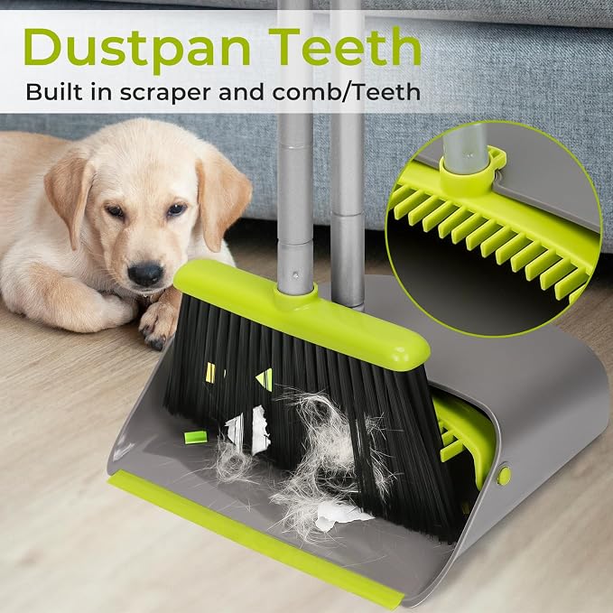 Broom and Dustpan Set with Long Handle 52", Standing Broom and Dust Pan Set for Home Kitchen Room Office Lobby Green