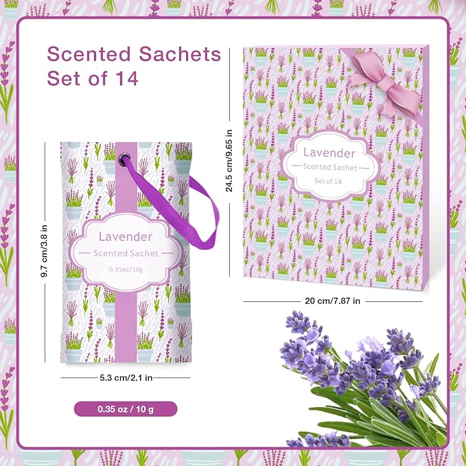 SCENTORINI Lavender Sachets for Drawer and Closet, Sachets Bags 14 Pack | Long-Lasting Home Fragrance Sachets Gift Set for Wardrobe Freshener, Closet, Drawer, Suitcases, Handbags,Gym Bag, Locker