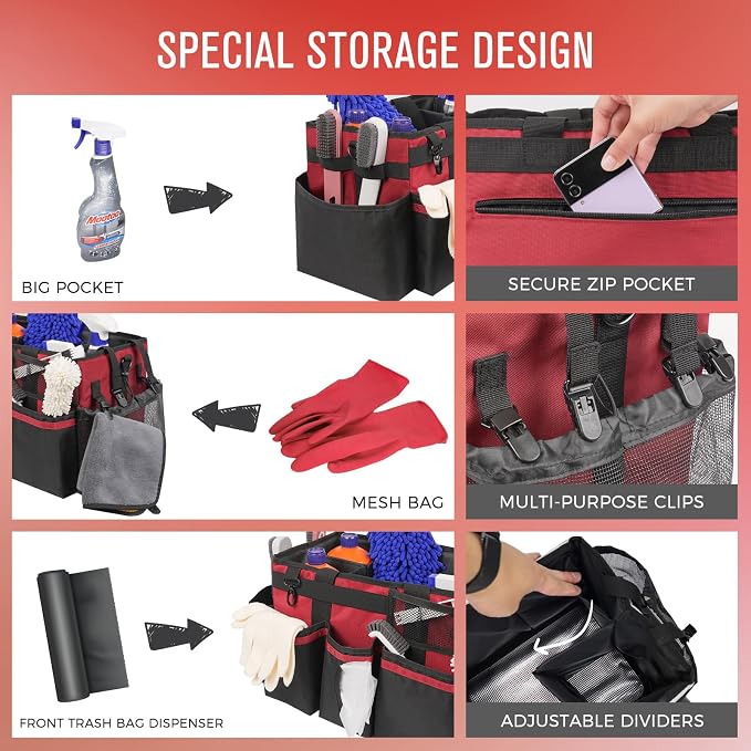 SCAVATA Wearable Cleaning Caddy, Cleaning Caddy Supplies Organizer with Handle & Shoulder Straps for Housekeepers, Under Sink & Car Cleaning Tool Organizers Bag with 4 Foldable Divider (Wine)