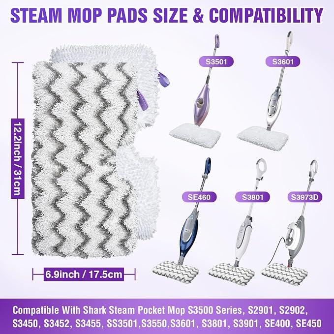 8-Pack S3501 S3601 Steam Mop Replacement Pads Compatible with Shark Steam Pocket Mops S3501 S3601 S3550 S3801 S3901 S3601D S3801CO S3901D S3455K S2902 SE450, Washable Microfiber Mop Pads Reusable