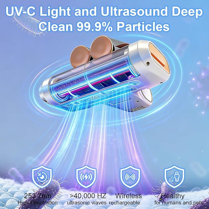 Cordless Mattress Vacuum Cleaner with UV-C Light - Advanced Dust Removal & Deep Cleaning Technology for Beds, Sofas, Carpets, Pet Hair and Household Dust, Handheld sofa Vacuum Cleaner for Home Use