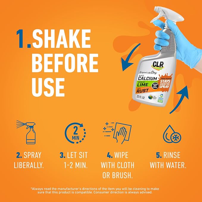 CLR Brands Calcium, Lime & Rust Remover with Cling, 22 oz. Spray Bottle, Adheres to Hard-to-Reach Surfaces, Blasts Calcium, Dissolves Lime Deposits, Zaps Stubborn Rust Stains and Hard Water Deposits