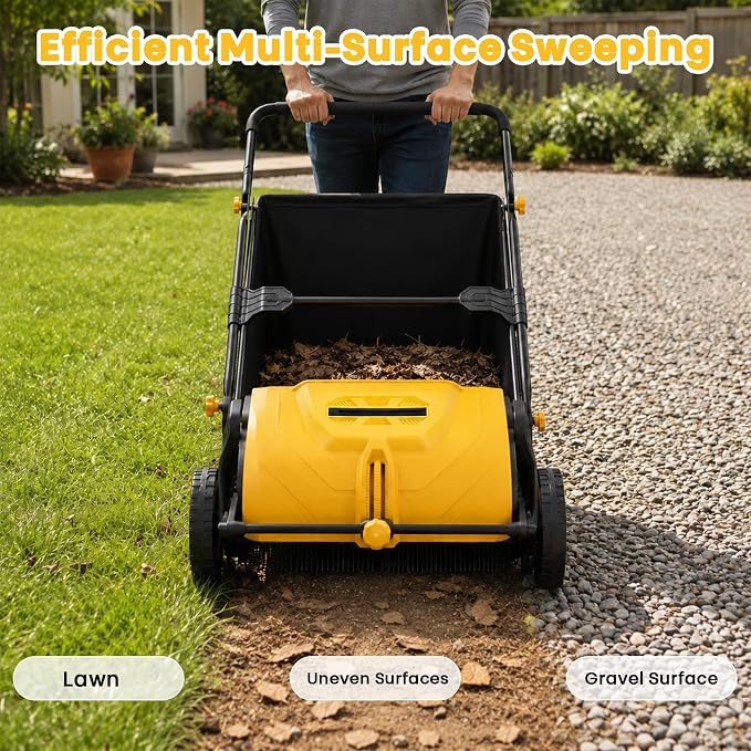 22-Inch Push Lawn Sweeper, Leaf & Grass Collector for Clippings, Wet Leaves & Twigs with 3.5 Ft³ Hopper Bag, 10-Inch All-Terrain Wheels, Adjustable Sweeping Height, Leaf Sweeper for Lawn, Yard, Garden