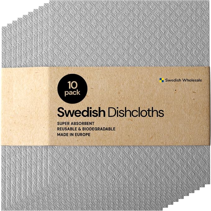 Swedish Wholesale Dishcloths Reusable 8" x 7" Sponge Cloths, Bulk 10 Pack of High Absorbent Cellulose Dish & Kitchen Cleaning Hand Towels, Wring to Dry & Machine Wash, Odor Resistant, Grey