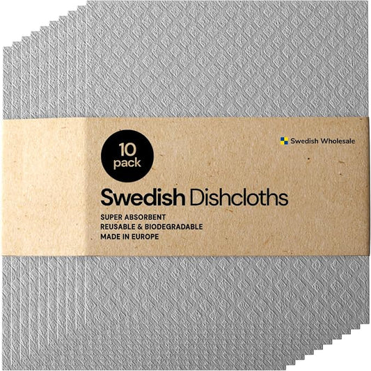 Swedish Wholesale Dishcloths Reusable 8" x 7" Sponge Cloths, Bulk 10 Pack of High Absorbent Cellulose Dish & Kitchen Cleaning Hand Towels, Wring to Dry & Machine Wash, Odor Resistant, Grey