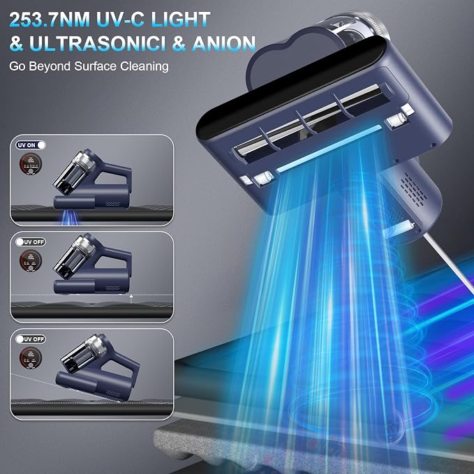 Teant Mattress Bed Vacuum Cleaner, 16 kPa Suction & 253.7nm UV-C, MV-Blue | 2-Speed Mattress Vacuum with 33000 RPM Tapping, UV-C, Ultrasonic, 149℉ Heat, Anion, HEPA, Deep Clean for Bed and Pet Hair