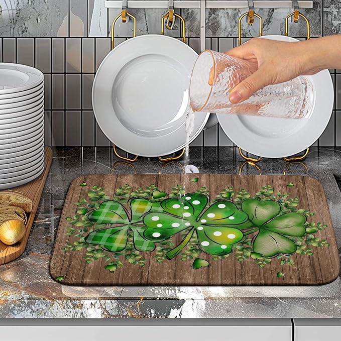 St Patricks Day Wooden Plank Shamrock Drying Mat for Kitchen Counter St Patrick Eucalyptus Leaves Clover Dish Drainer Mats Absorbent Microfiber Dishes Pad Reusable Washable Dry Mat 16x18 Inch