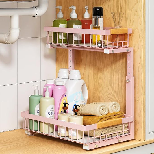 PXRACK Under Sink Organizer, Adjustable Height, 2 Tier Pull Out Under Cabinet Organizer, Slide Out Thickened Metal Under Sink Storage for Kitchen Bathroom Laundry Pantry Cabinet, Pink, Large-1-Pack