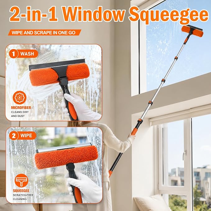 LAANPOLE 26FT High Reach Duster Cleaning Kit with Extension Pole, High Ceiling Fan Cleaner Duster Tool for Fan Blades, Window Washing Kit with Microfiber Feather Duster & Window Squeegee