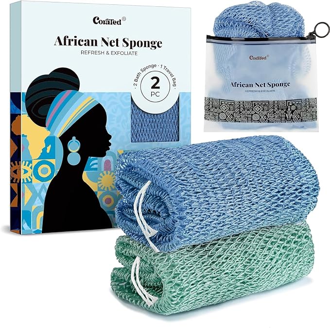 CORATED African Net Sponge with Knots Authentic, Shower Loofah Exfoliating Bath Sponge, Body Scrubber for Women Daily Use Body Care, Travel Portable Bath Accessories for Bathroom