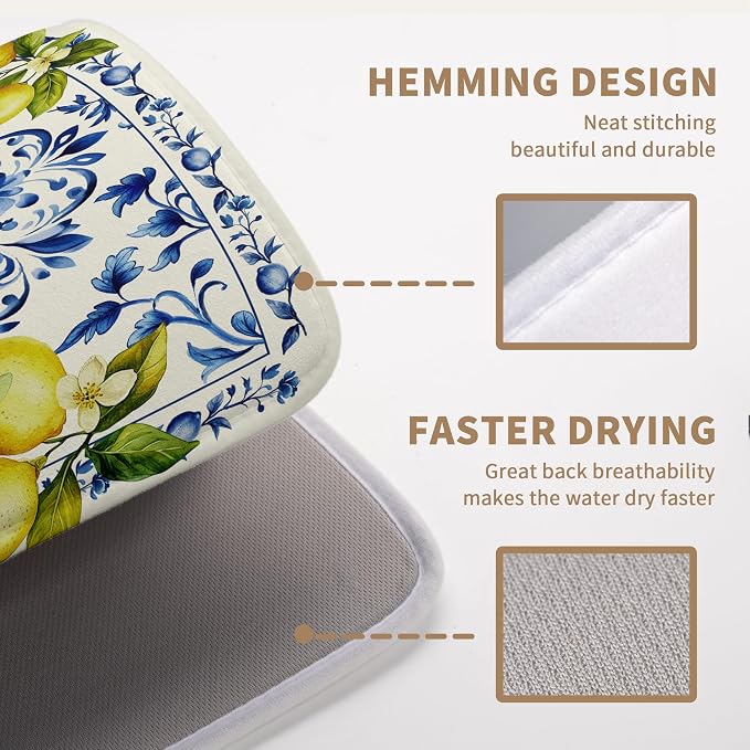 Lemon Dish Drying Mats Spring Summer Dish Mat Blue Chinoiserie Floral Drying Matt Dishes Dryer Pad for Kitchen Counter Absorbent Microfiber Washable Foldable Reusable 18x24 in