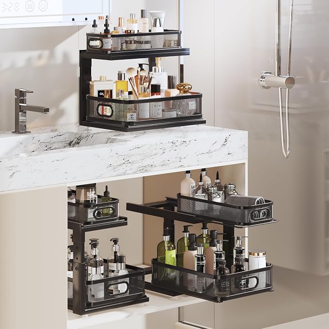 2 Pack Under Sink Organizer With Next-Gen Ball-Bearing Slides,2-Tier Precision Mesh Pull Out Cabinet Shelf Storage for Bathroom&Kitchen,Slide Out Drawers Height Adjustable,Rust-resistant