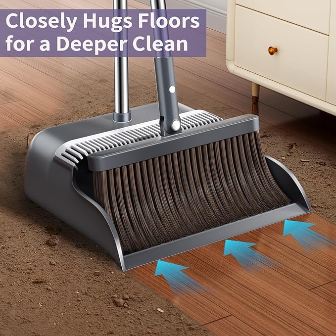 Broom and Dustpan Set, 51.6" Long Handle Broom with Dustpan Combo Set with Dustpan Teeth & Two Broom Heads, Brooms with Dust Pan for Sweeping Indoor Home Kitchen Office Lobby Pet Hair