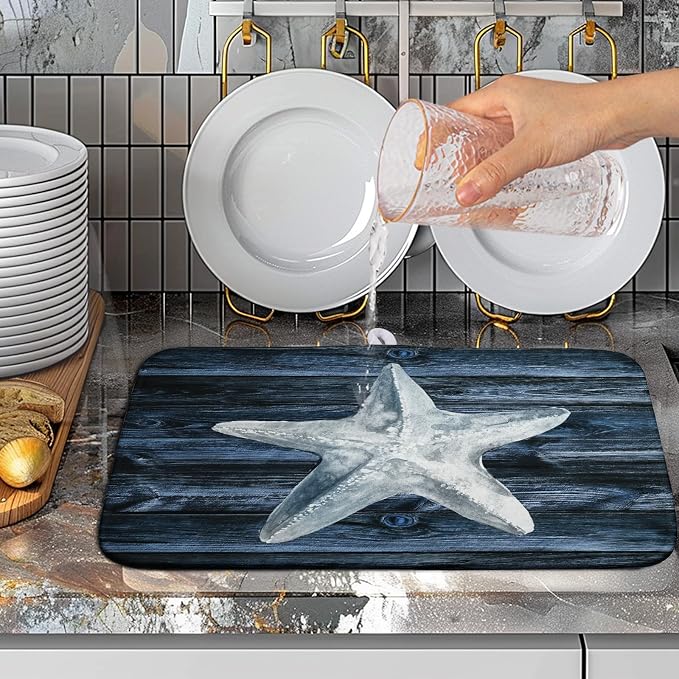 Coastal Starfish Dish Drying Mat Dark Blue Ocean Animal Print Drying Mats Microfiber Reversible Absorbent Dishes Pad Drainer Rack Mats for Kitchen Counter Sink 16x18 Inch