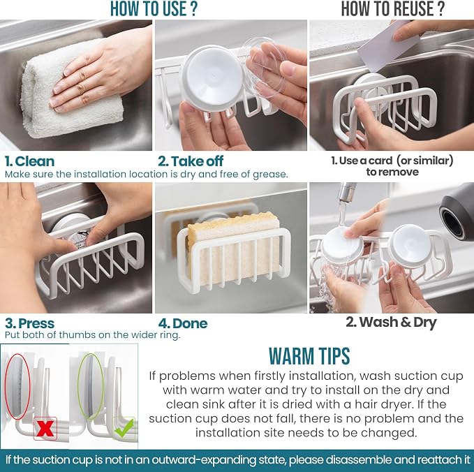 TAILI Sponge Holder for Kitchen Sink with Strong Suction Cup, Rustproof Aluminum Sink Caddy for Sponges, Removable Sponge Holder, Dish Brush for Scraper - White, 5.1" x 2.3"