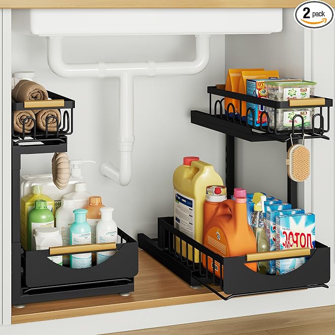 2 Pack 2 Tier Under Sink Organizer and Storage for Bathroom and Kitchen - Under Cabinet Pull Out Shelf Organizers - Sliding Out Drawer Organization for Home Cabinets Shelves and Drawers