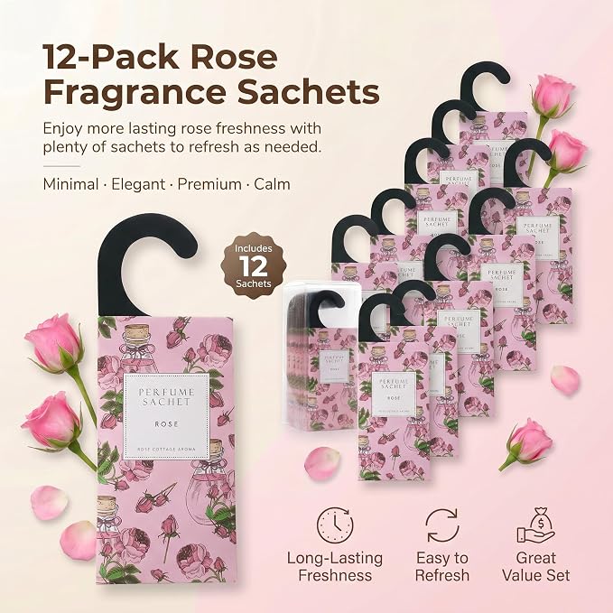 Large 12 Packs Rose Hanging Scented Sachets Long-Lasting Closet Deodorizer Air Freshener Fabric Refresher Odor Eliminator for Drawer Home Fragrance Gift Set