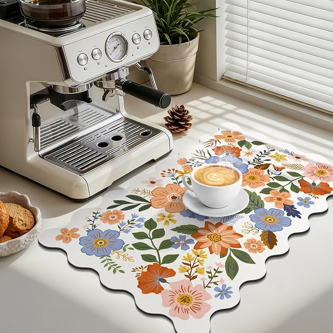 LOKHOM Scalloped Floral Dish Drying Mat, 12"x20" Super Absorbent Coffee Mat with Unique Spring Wildflowers, Cuttable Hide Stain Non-slip Drying Mat for Kitchen Counter Coffee Maker Espresso Machine